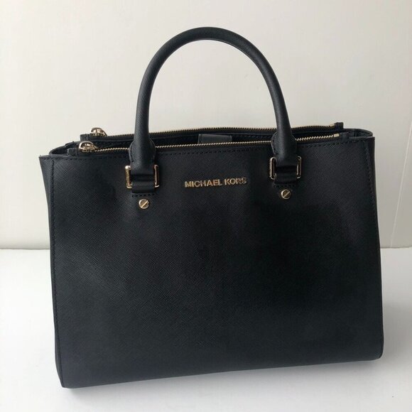 MK MICHAEL KORS SUTTON Saffiano Leather Black Gold Med Handbag 12.5 x 9 x 4" - Picture 4 of 16